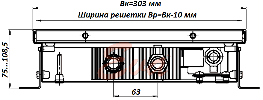 Конвектор в полу водяной КВ 75 303 разрез